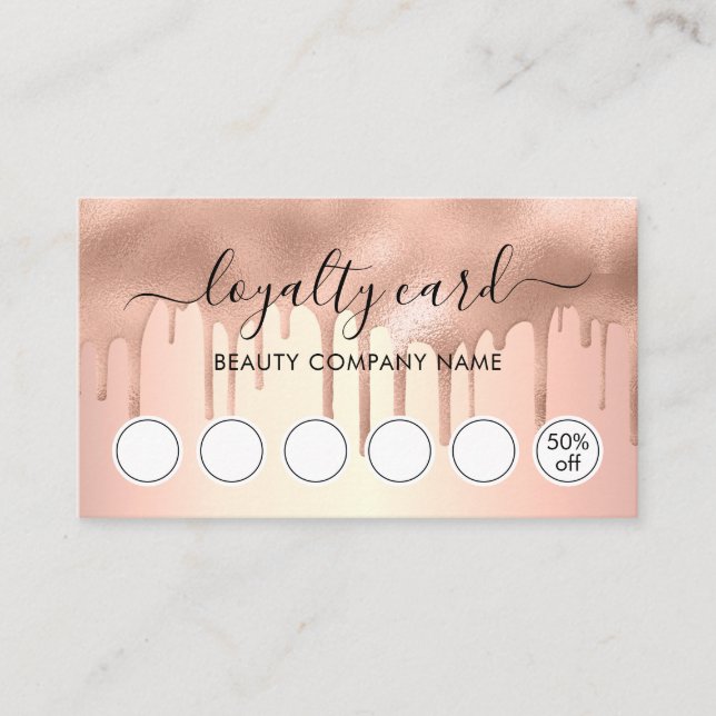 Trendy Modern Rose Gold Shimmer Drips Loyalty Card (Front)