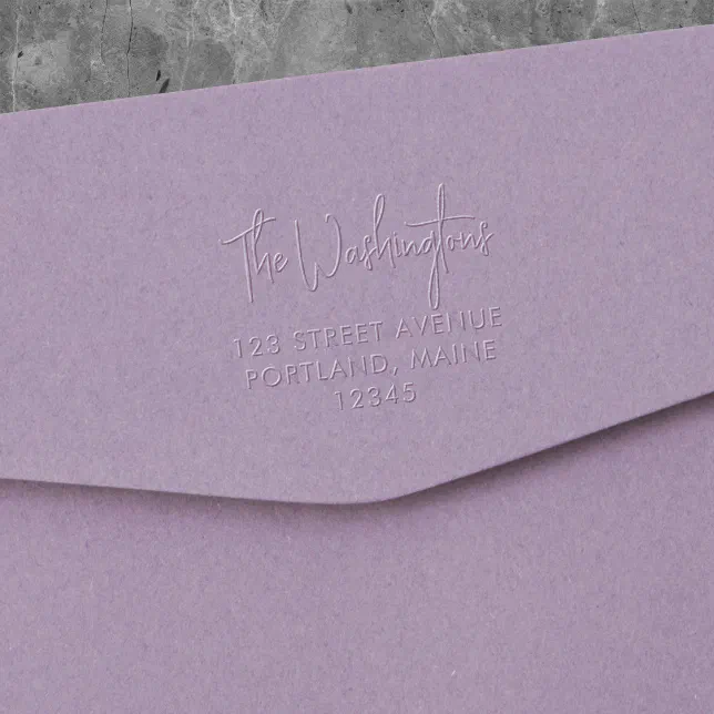 Trendy Modern Script Last Name Return Address Embosser Zazzle