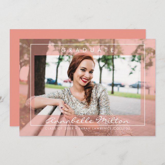 Trendy Modern Script Peach Graduation Photo Invitation (Front/Back)
