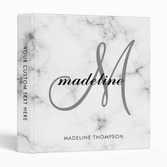 Trendy Modern Silver Gray Marble Script Monogram 3 Ring Binder (Front/Spine)
