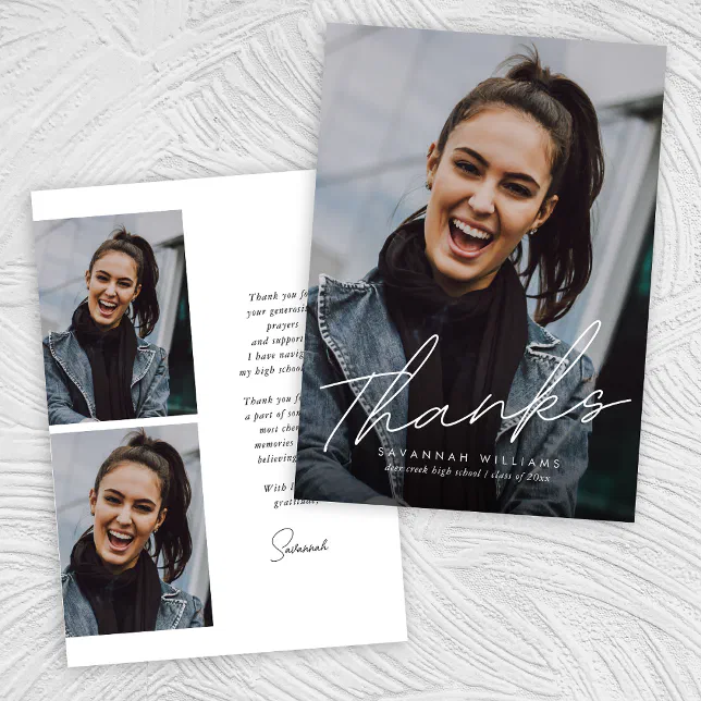 Trendy Modern Simple Script Three Photo Graduation Thank You Card | Zazzle