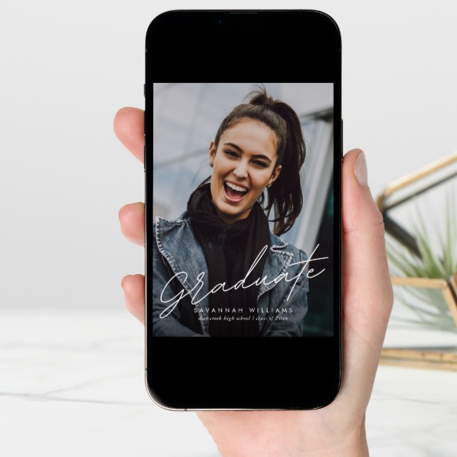 Trendy Modern Simple Script Two Photo Graduation  Announcement (Front Digital)