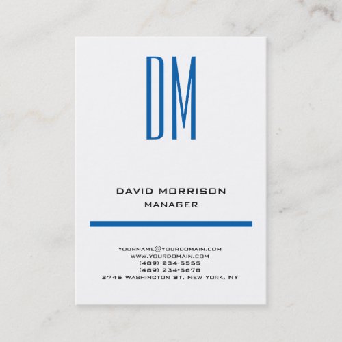 Trendy modern simple white blue monogram business card