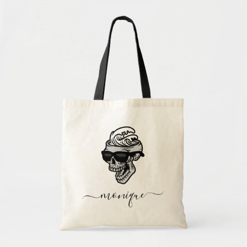 Trendy Modern Skull wearing Sunglasses Name Waves  Tote Bag