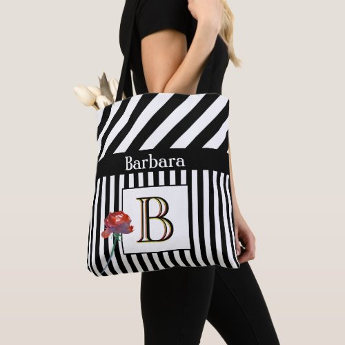 Trendy Modern Stripes Monogram Name  Tote Bag