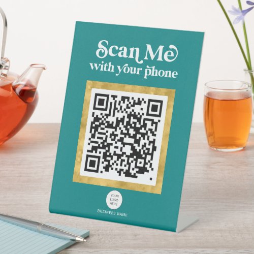 Trendy modern Teal networking QR code table sign