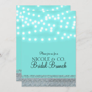 Trendy Modern Turquoise Blue String Lights & Bling Invitation