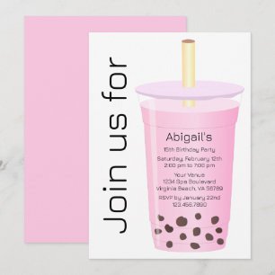 Trendy Modern White and Pink Boba Tea Birthday Invitation