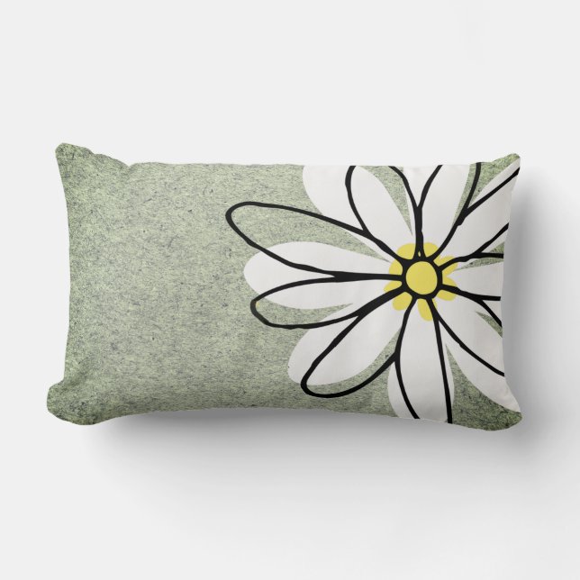 Trendy Modern White Doodle Daisy Grey Lumbar Pillow (Front)