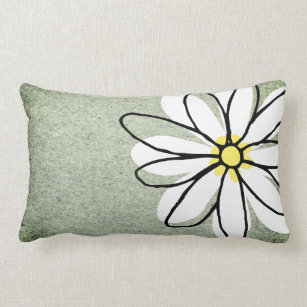 Trendy Modern White Doodle Daisy Grey Lumbar Pillow
