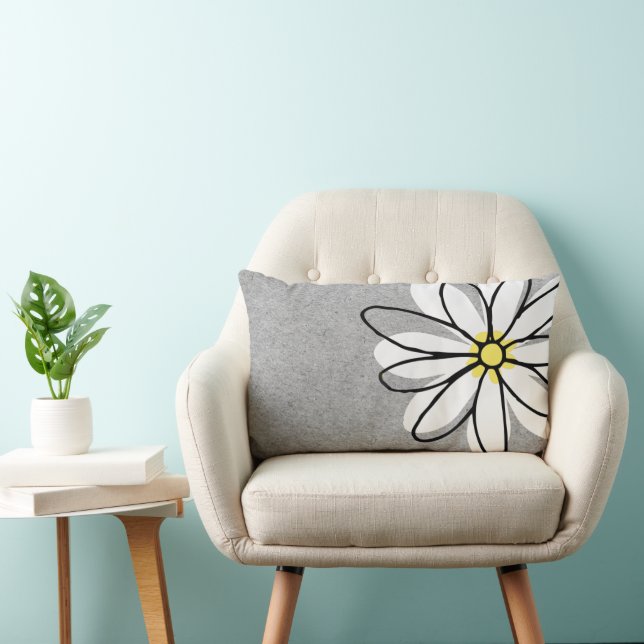 Trendy Modern White Doodle Daisy Grey Lumbar Pillow (Chair)
