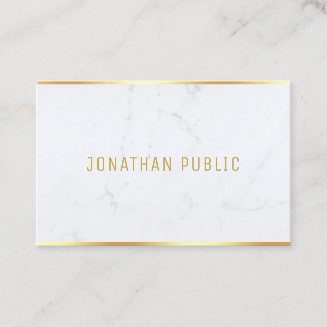 Trendy Modern White Marble Gold Text Template Chic Business Card (Front)