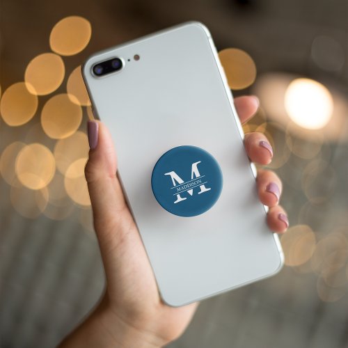 Trendy Modern White on Blue Minimalistic Monogram  PopSocket