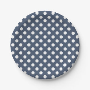 Trendy Modern White Polka Dots on Blue Jeans Blue Paper Plates
