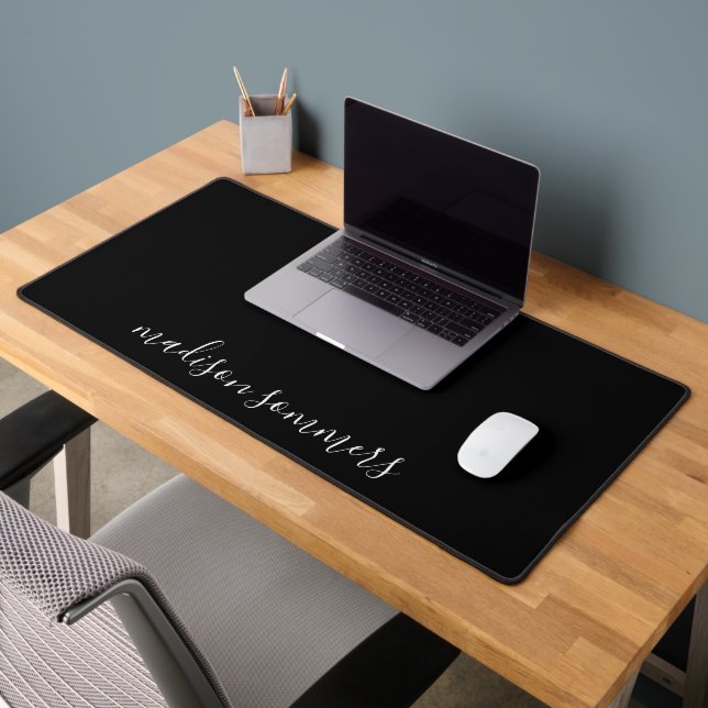 Trendy Modern White Script Name On Black Desk Mat (Office 2)