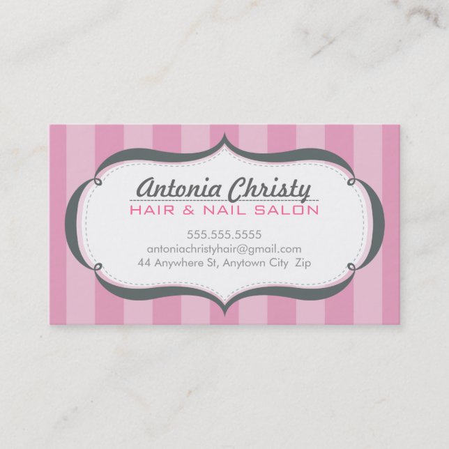 TRENDY modern wide stripe pink gray Business Card (Front)