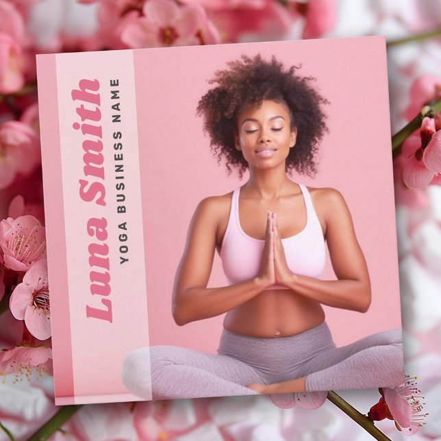 Trendy modern yoga teacher pink photo square business card (Trendy modern yoga teacher pink photo square business card)
