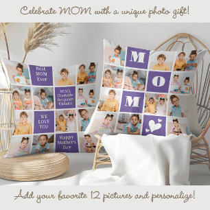 Trendy MOM Personalized 12 Photo Collage Purple Throw Pillow