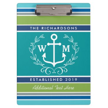 Trendy Monogram Anchor Laurel Wreath Stripes Aqua Clipboard Trendy Monogram Anchor Laurel Wreath Stripes Aqua Clipboard