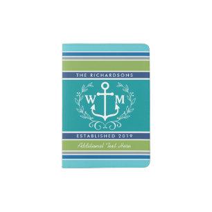 Trendy Monogram Anchor Laurel Wreath Stripes Aqua Passport Holder