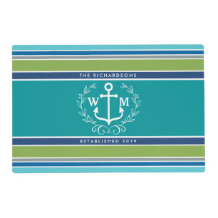 Trendy Monogram Anchor Laurel Wreath Stripes Aqua Placemat