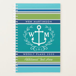 Trendy Monogram Anchor Laurel Wreath Stripes Aqua Planner