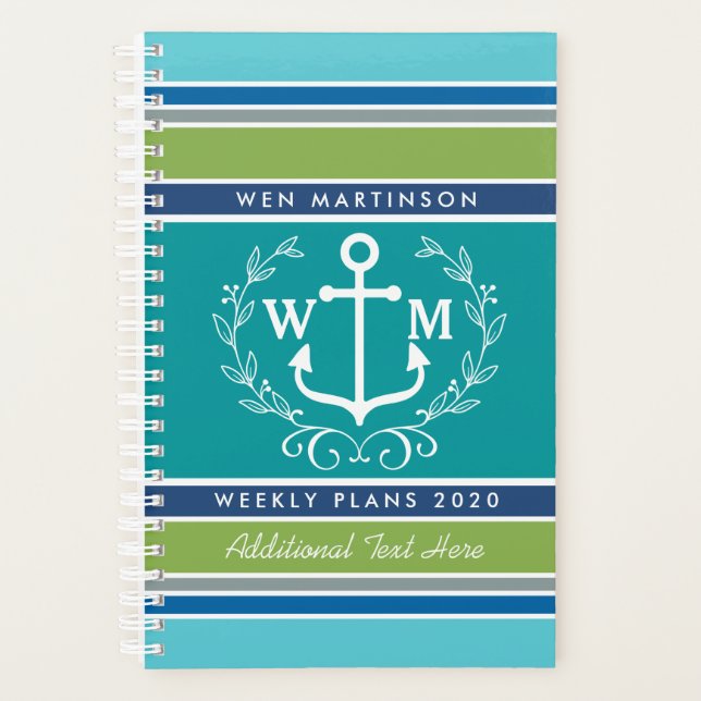 Trendy Monogram Anchor Laurel Wreath Stripes Aqua Planner (Front)