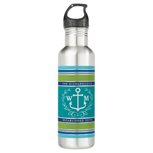 Trendy Monogram Anchor Laurel Wreath Stripes Aqua Stainless Steel Water Bottle