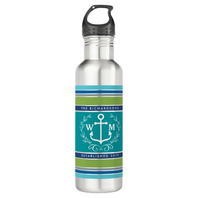 Trendy Monogram Anchor Laurel Wreath Stripes Aqua Stainless Steel Water Bottle (Front)