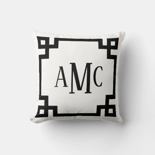 Trendy Monogram Black and White Greek Key Border Throw Pillow