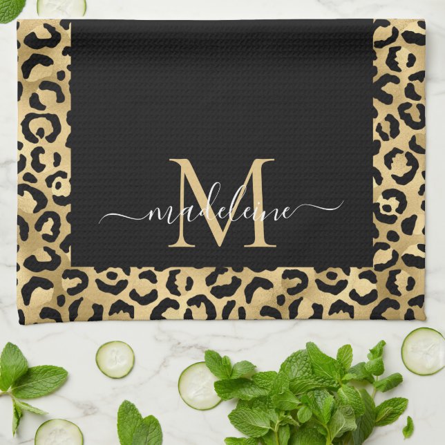 Trendy Monogram Black Gold Animal Print Kitchen Towel (Folded)