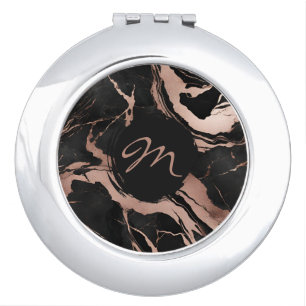 Trendy Monogram Black Rose Gold Marble Compact Mirror