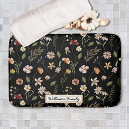 Trendy Monogram Black Watercolor Floral Wildflower Bath Mat