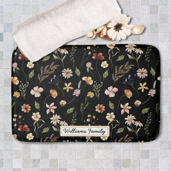 Trendy Monogram Black Watercolor Floral Wildflower Bath Mat by clubmagique at Zazzle
