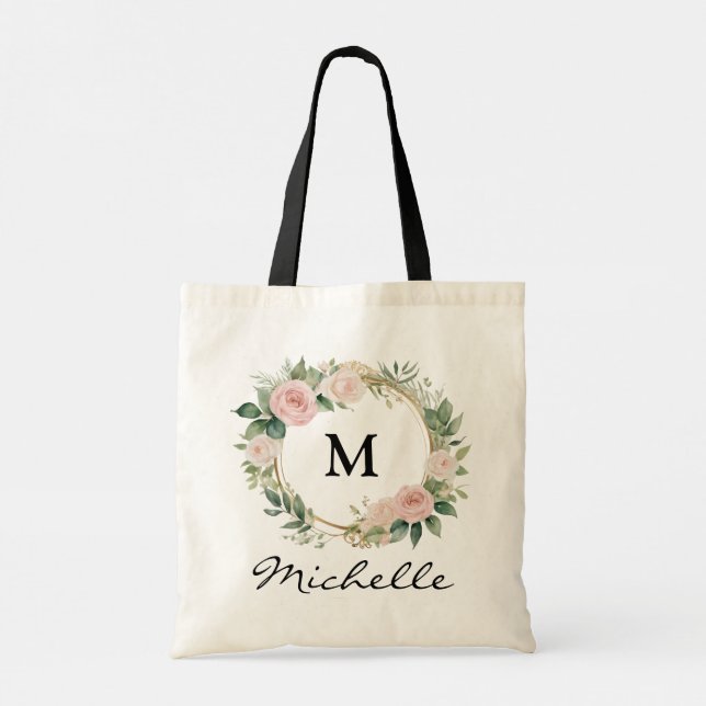 Trendy Monogram Burgundy Floral Wreath Script Name Tote Bag (Back)