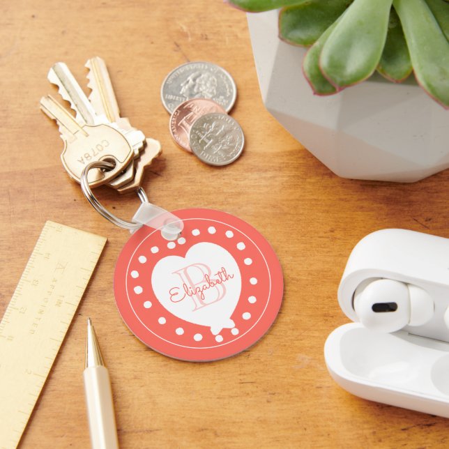 Trendy Monogram Coral White Heart Keychain (Desk)