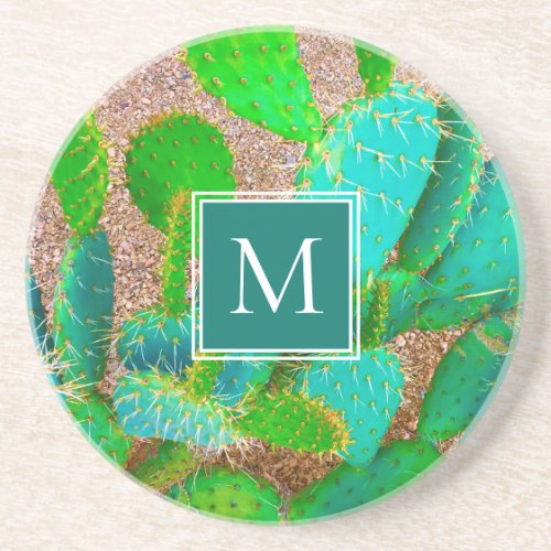 Trendy Monogram Desert Cactus Green Succulent Coaster