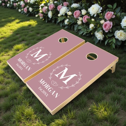 Trendy Monogram Family Name Wedding Dusty Rose Cornhole Set