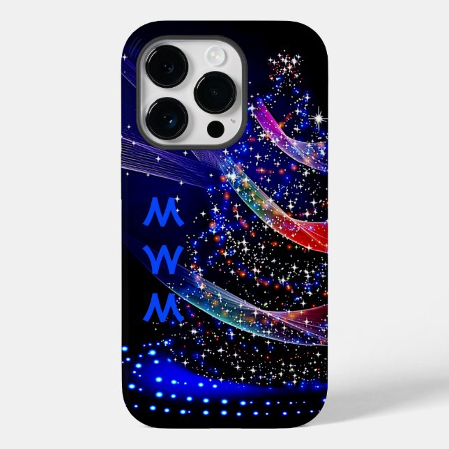Trendy Monogram Glitter Christmas Tree Navy Case-Mate iPhone Case (Back)