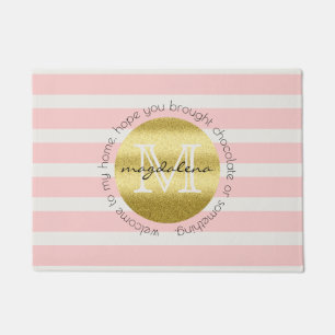 Trendy Monogram Gold Glitter Blush Pink Stripes Doormat