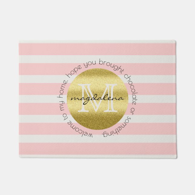 Trendy Monogram Gold Glitter Blush Pink Stripes Doormat (Front)