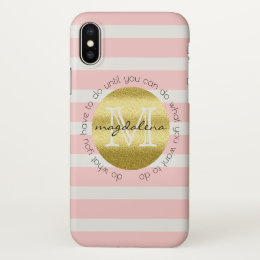 Trendy Monogram Gold Glitter Blush Pink Stripes iPhone X Case