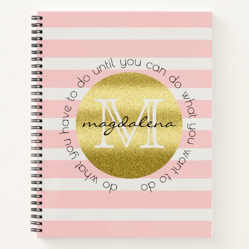 Trendy Monogram Gold Glitter Blush Pink Stripes Notebook