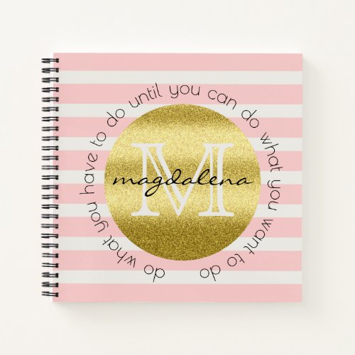 Trendy Monogram Gold Glitter Blush Pink Stripes Notebook