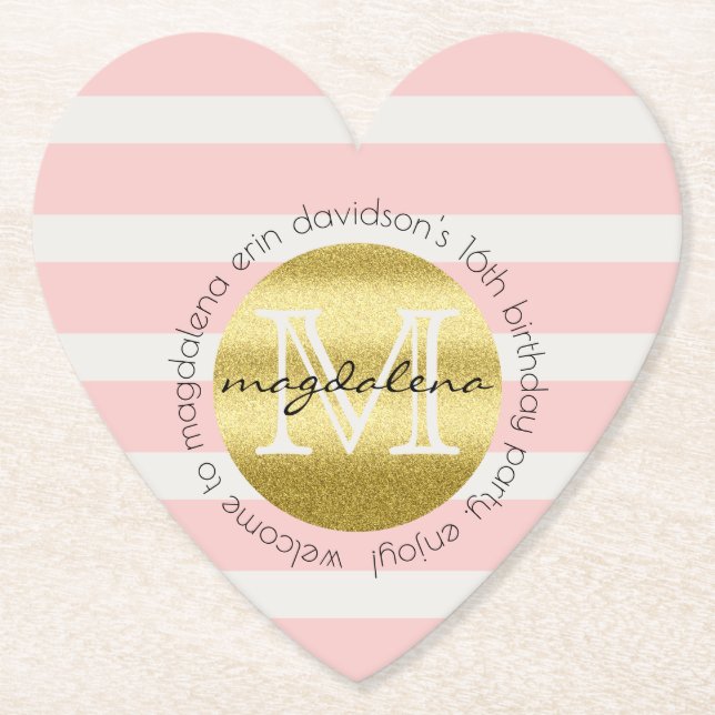 Trendy Monogram Gold Glitter Blush Pink Stripes Paper Coaster (Front)