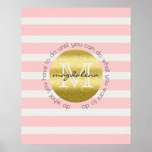Trendy Monogram Gold Glitter Blush Pink Stripes Poster