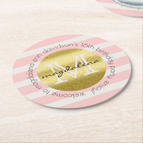 Trendy Monogram Gold Glitter Blush Pink Stripes Round Paper Coaster