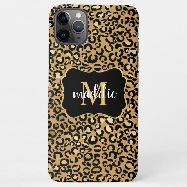 Trendy Monogram Gold Leopard Pattern Name iPhone Case (Back)