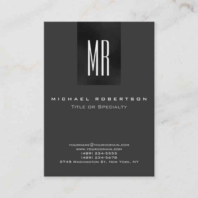 Trendy Monogram Gray White Chubby Business Card (Front)