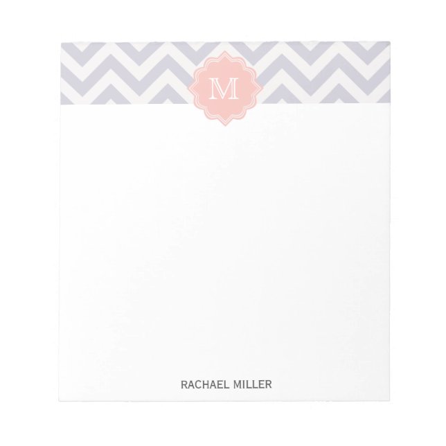 Trendy Monogram Gray White Peach Chevron Pattern Notepad (Front)